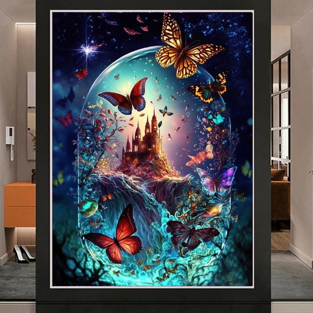 Butterflies And Castle - Fantasy Diamond Painting, Full Round/Square 5D  Diamonds