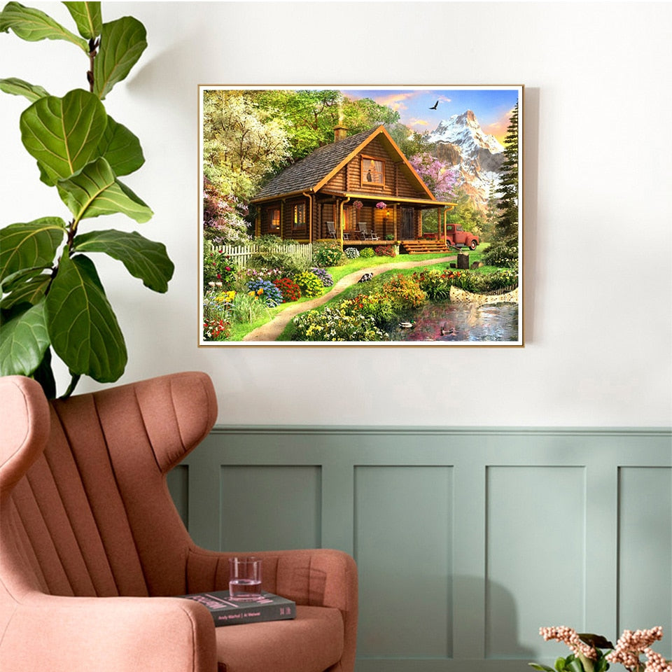 5d Diy Large Diamond Painting Kits For Adult, Country Cabin Round