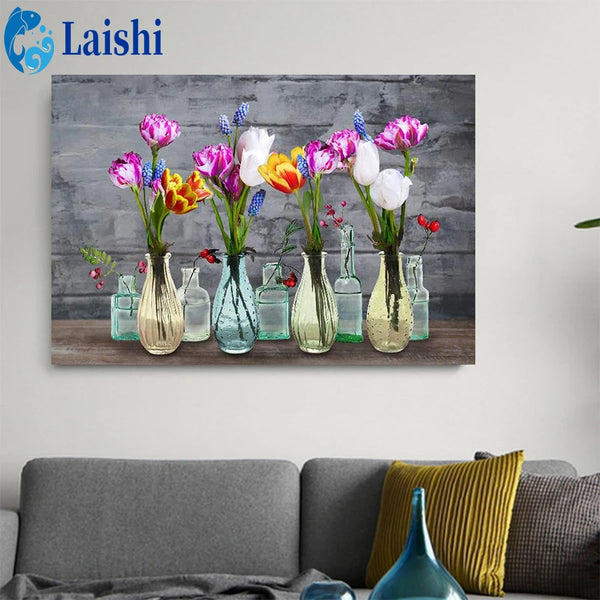 Colorful Flower Vases - Floral Diamond Painting, Full Square/Round Drill Rhinestone Embroidery