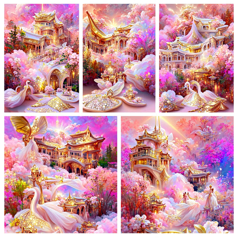 Pink Fairyland Castles - Fantasy Diamond Painting, Full Round/Square Diamonds, 5 Design Options