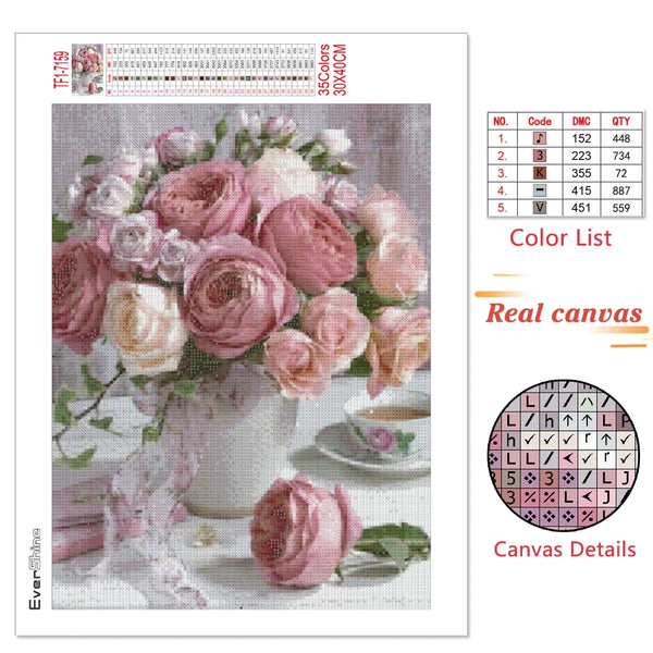 Diamond Paintings, Peony And Tea - Floral Diamond Painting, Full Round/Square 5D Diamond Embroidery