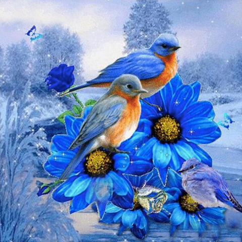 Winter Blue Birds - Animal Diamond Painting, Full Square/Round Drill 5D Diamonds, Winter Scenic