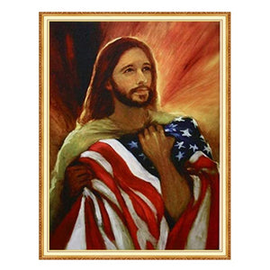 Diamond Paintings, Jesus American Flag - Religious Diamond Painting, Patriotic Round Rhinestone Art