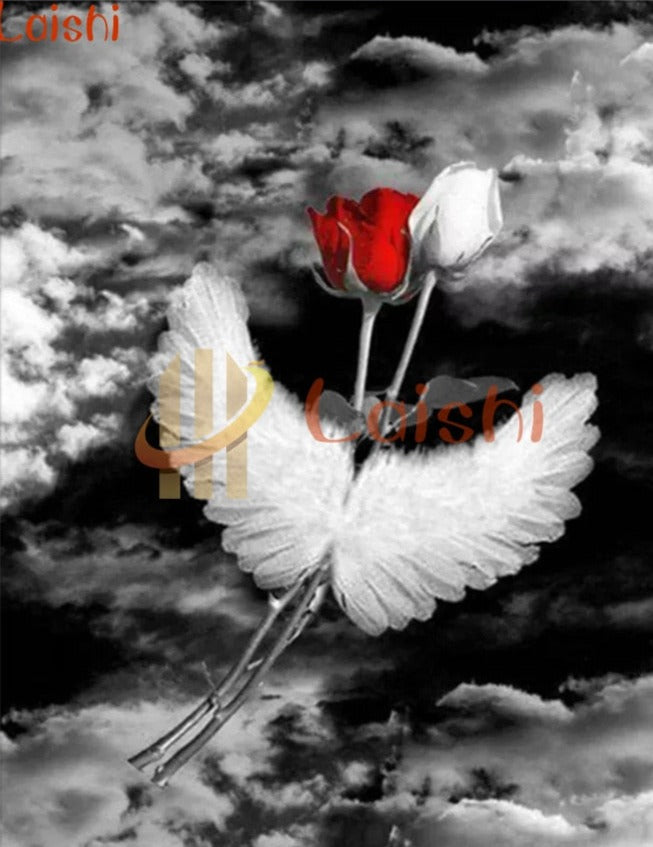 Diamond Paintings, Black and White Angel Wings - Floral Diamond Painting, White And Red Rose Flowers