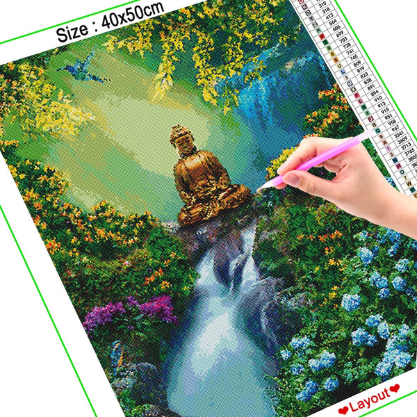 Diamond Paintings, Buddha By Waterfall - 5D Diamond Painting, Full Square/Round Rhinestone
