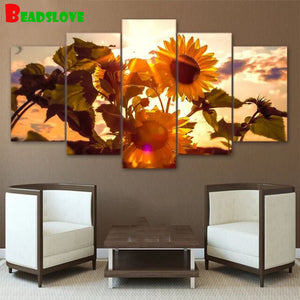 Diamond Paintings, Sun and Sunflower Design - 5 Panel Diamond Painting, Full Round/Square 5D Diamonds