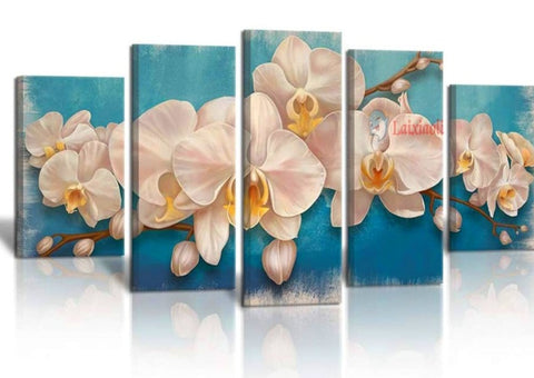 Diamond Paintings, White Orchid Flowers - 5 Panel Diamond Embroidery, Full Round/Square 5D Diamonds