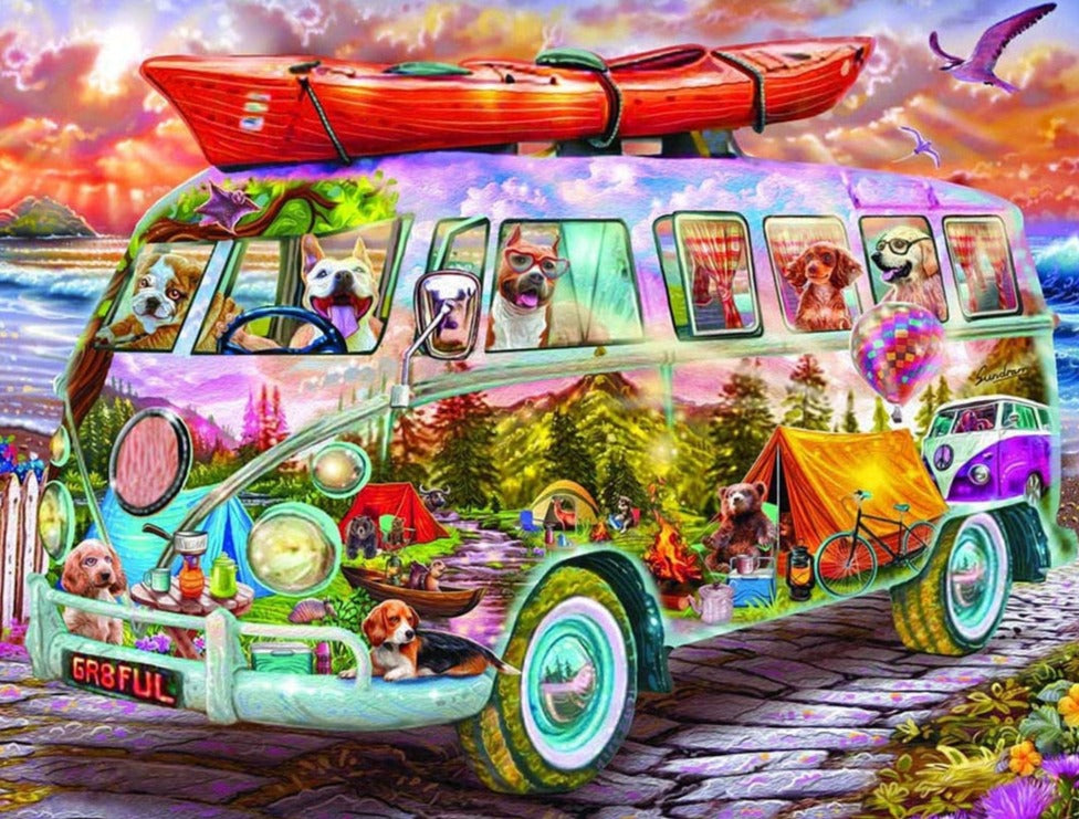Diamond Paintings, Animal Hippie Bus, Abstract Diamond Painting - Full Round/Square Diamonds, Dog Party Bus