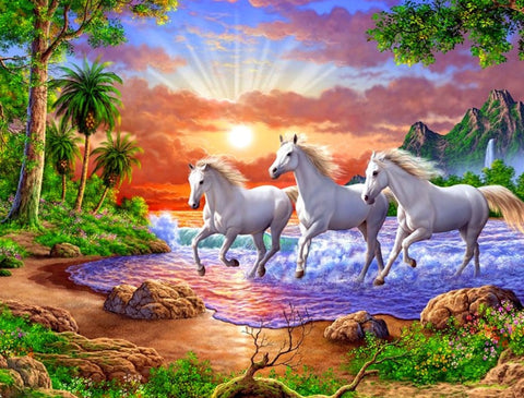 Diamond Paintings, Horses Gallop In Water - Animal Diamond Painting, Full Square/Round 5D Diamonds