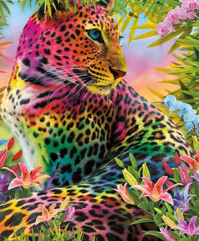 Rainbow Leopard Diamond Painting | DIY Animal Diamond Mosaic | Full Square/Round 5D Embroidery | Leopard Jungle Flowers -Diamond Painting Kits, Diamond Paintings Store