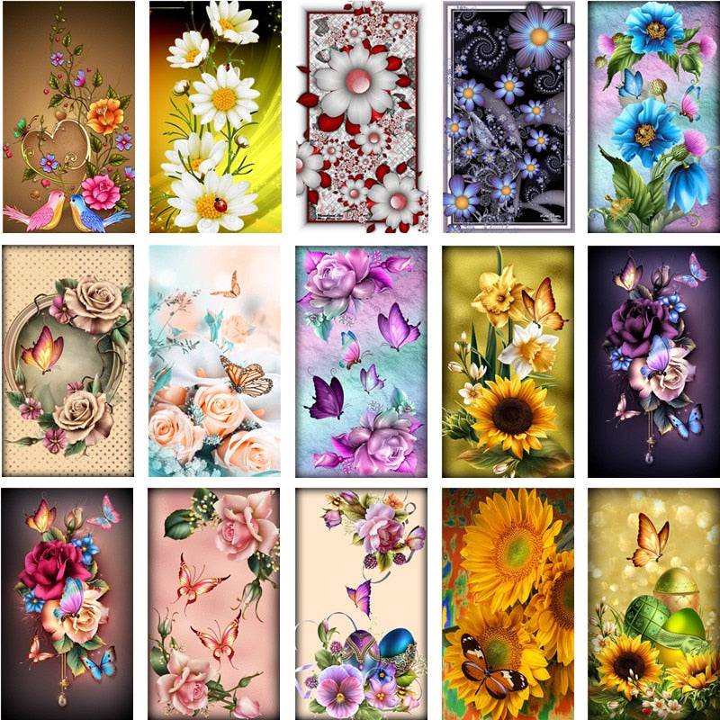 DIY Floral Diamond Painting Kits | Full Round 5D Diamonds | Flower Portrait  | Sunflower Daisy Butterfly Bird