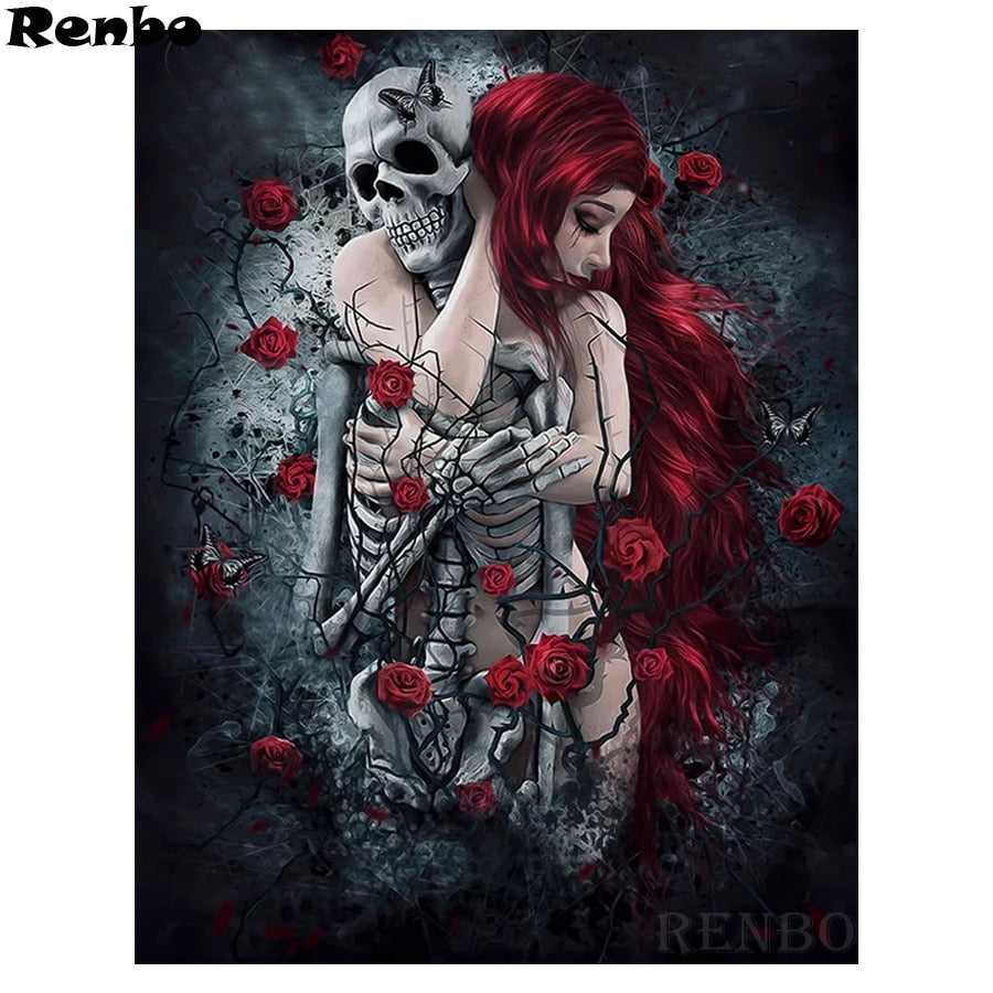 Halloween Skeleton Hugs Girl | NEW Halloween Diamond Painting Kit | Full Square Drill Diamonds | Roses Butterfly Skull Death -Diamond Painting Kits, Diamond Paintings Store