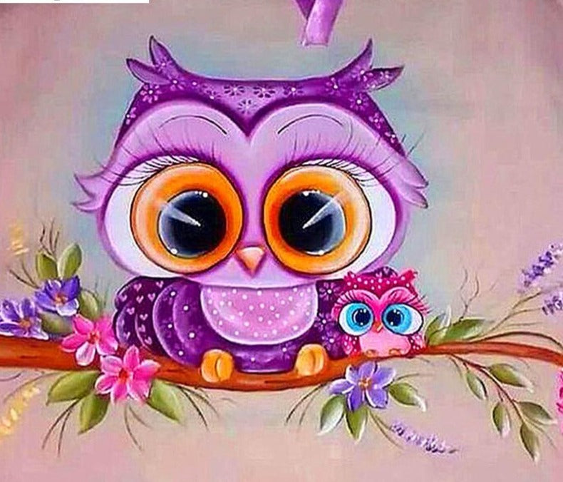 Owls On Branch Diamond Painting | DIY Bird Diamond Painting Kit | Full Round / Full Square 5D Diamonds | Cartoon Baby Owl -Diamond Painting Kits, Diamond Paintings Store