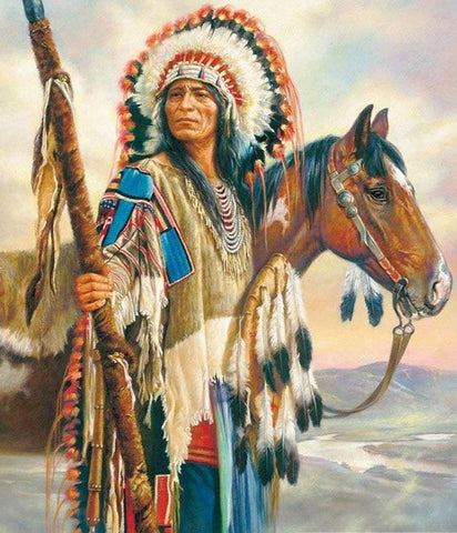 Indian Stands With Horse | Native American Diamond Painting | Full Square/Round Drill 5D Diamonds | DIY Rhinestone Cross Stitch -Diamond Painting Kits, Diamond Paintings Store