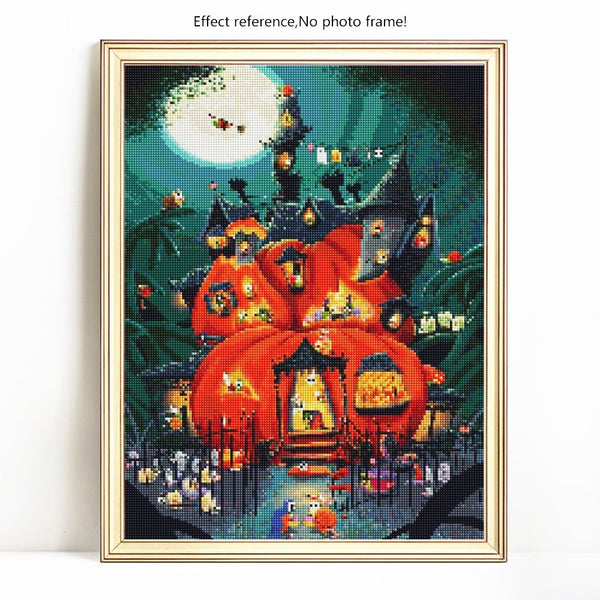Pumpkin Haunted House Rhinestone Kit | Cartoon Halloween Diamond Painting | Full Square 5D Cross Stitch | Witch Ghosts Bats -Diamond Painting Kits, Diamond Paintings Store