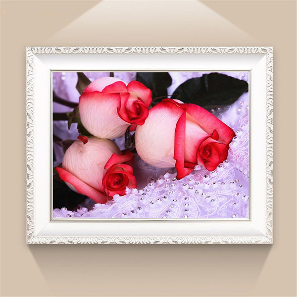 Three Pink Roses | Floral Diamond Painting | Full Round/Square Drill Rhinestones | DIY Flower Diamond Embroidery Kit -Diamond Painting Kits, Diamond Paintings Store