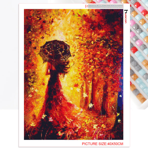 Girl Walking In Fall Leaves | Full Square Drill Diamonds | Portrait Diamond Painting Kit | Sunlit Autumn Pathway -Diamond Painting Kits, Diamond Paintings Store