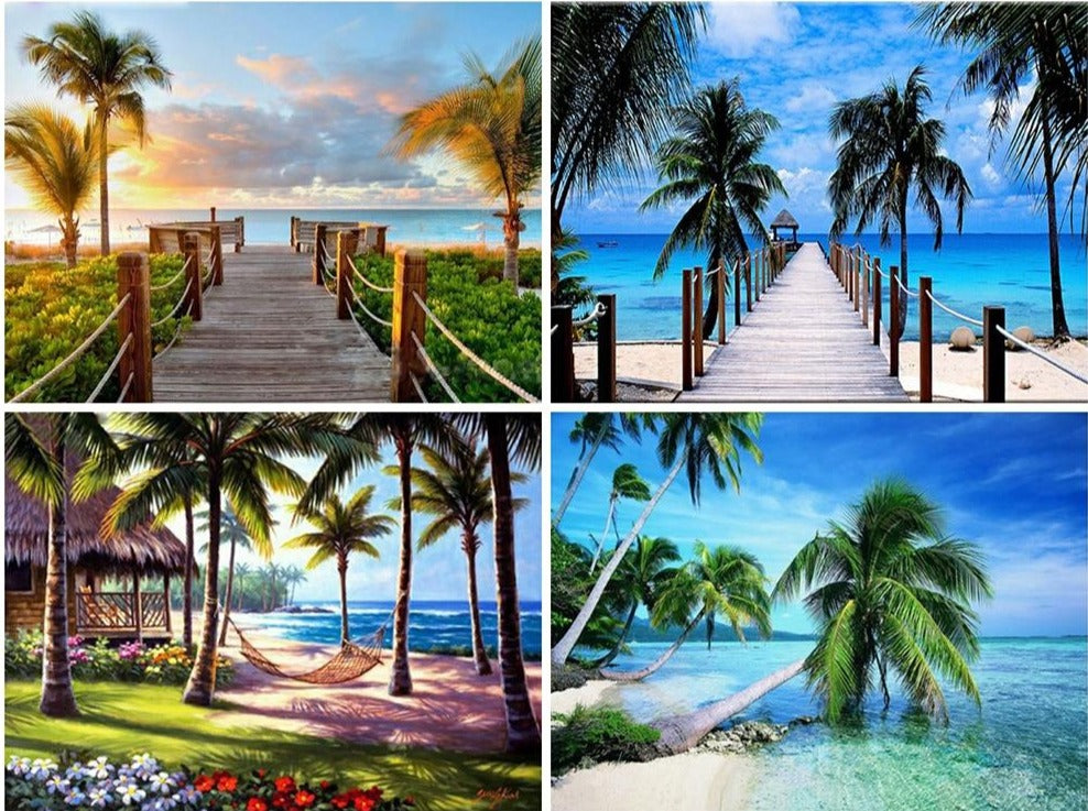 Beautiful Beach Scenery | Scenic Diamond Painting Kit | Full Square/Round Rhinestone Embroidery | Palm Trees Ocean -Diamond Painting Kits, Diamond Paintings Store