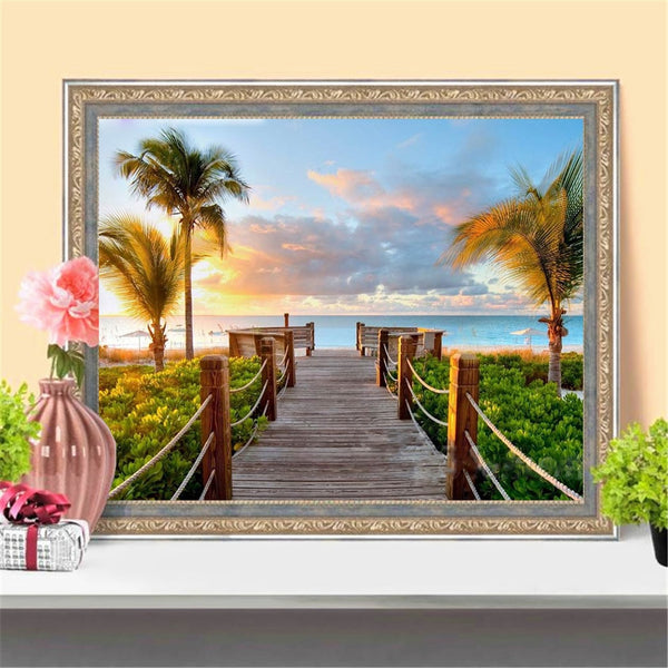 Beautiful Beach Scenery | Scenic Diamond Painting Kit | Full Square/Round Rhinestone Embroidery | Palm Trees Ocean -Diamond Painting Kits, Diamond Paintings Store