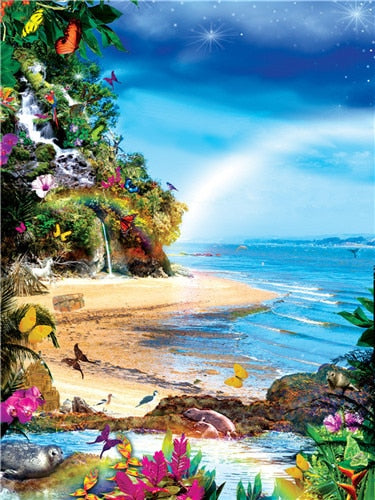 Rainbow Over Ocean | Scenic Diamond Painting Kit | Full Round Drill 5D Rhinestone Cross Stitch | Butterfly Seal Beach -Diamond Painting Kits, Diamond Paintings Store