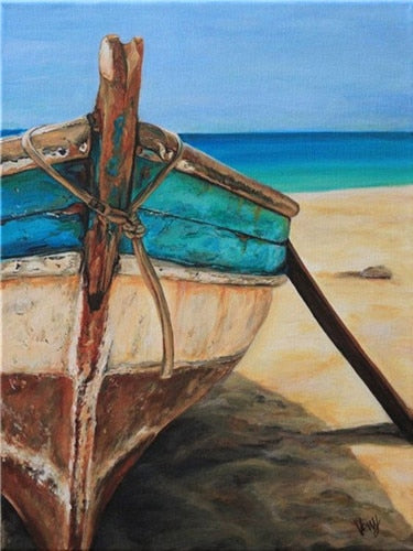 Beached Fishing Boat | DIY Scenic Diamond Painting Kit | DIY Rhinestone Cross Stitch | Ocean Beach View -Diamond Painting Kits, Diamond Paintings Store