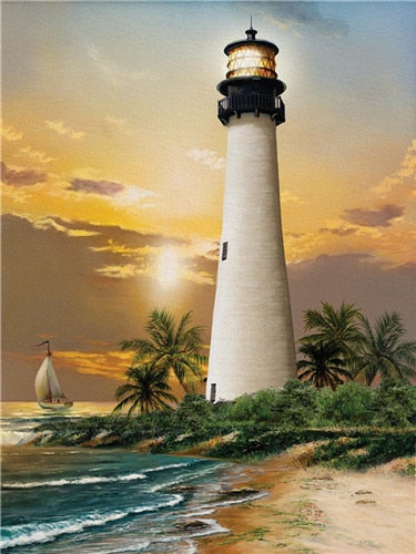 Tropical Lighthouse | DIY Scenic Diamond Painting Kit | Full Round Drill 5D Rhinestone Cross Stitch | Palm Tree Beach -Diamond Painting Kits, Diamond Paintings Store