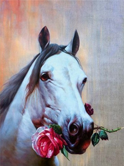 Horse Holds Flower | Animal Diamond Painting | DIY Diamond Kit | Full Square/Full Round Drill Rhinestone Embroidery | Wild Animal Portrait -Diamond Painting Kits, Diamond Paintings Store