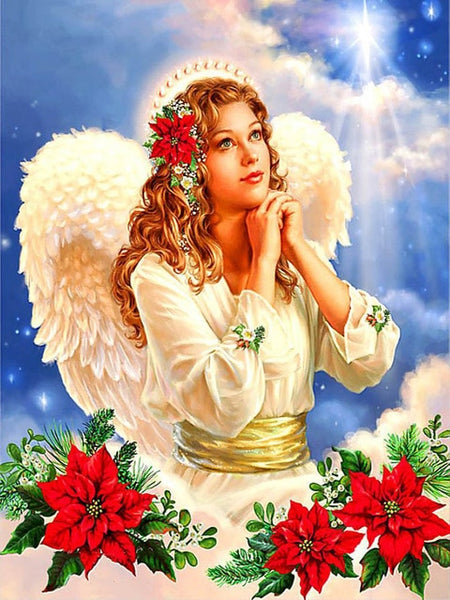Religious Diamond Painting Kit | 5D Angel Rhinestone Portrait | Full Round/Square Drill | Wings Flowers Heaven -Diamond Painting Kits, Diamond Paintings Store