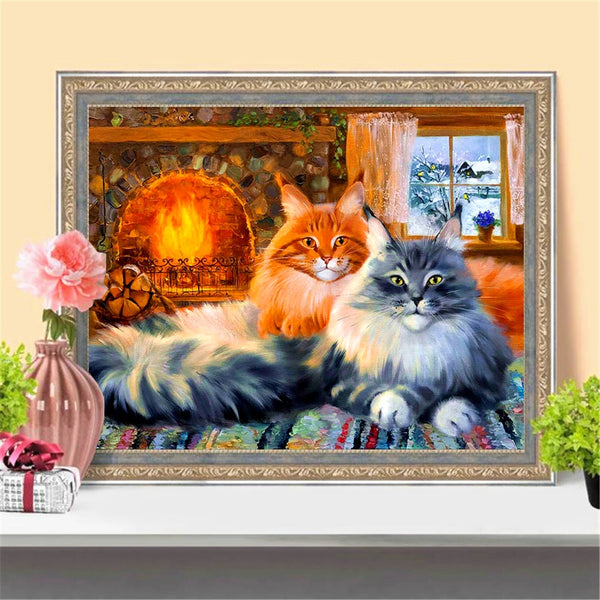 NEW Cat Diamond Painting Kit | 2 Cats Relaxing Fireside | Full Round / Full Square Drill Diamonds | Fireplace Animal Decoration -Diamond Painting Kits, Diamond Paintings Store