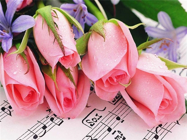 Pink Roses Music Score | Floral Diamond Painting | Full Round/Square Drill Rhinestones | DIY Flower Diamond Embroidery Kit -Diamond Painting Kits, Diamond Paintings Store