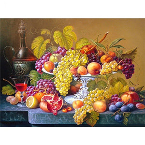 Bowl Of Fruit Rhinestone Embroidery | Grapes Plums Apple | Still Life Diamond Painting | Square/Round Drill -Diamond Painting Kits, Diamond Paintings Store