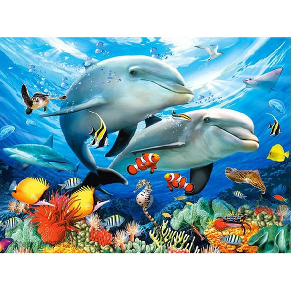 Coral Reef Diamond Kit | Dolphin Rhinestone Embroidery | Full Square/Round Drill 5D Diamonds | Tropical Fish -Diamond Painting Kits, Diamond Paintings Store