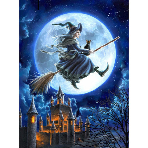 DIY Halloween Rhinestone Kit | Witch On Broom Cross Stitch Embroidery | Square/Round 5D Diamonds | Full Moon Cat Broom -Diamond Painting Kits, Diamond Paintings Store