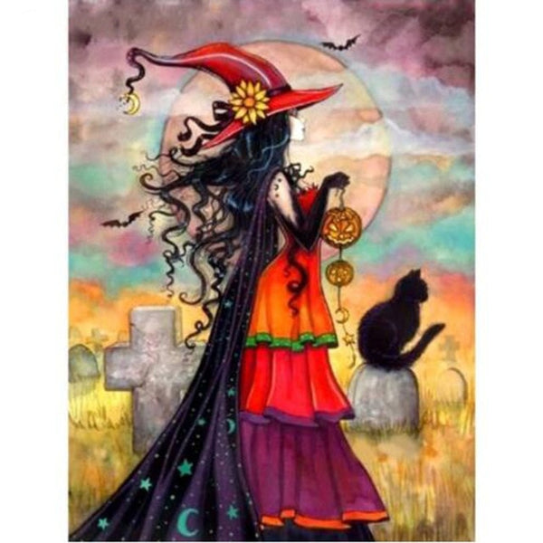 Cartoon Witch Rhinestone Kit | Halloween Diamond Painting | Round/Square Embroidery | Cemetery Tombstones Black Cat Full Moon -Diamond Painting Kits, Diamond Paintings Store