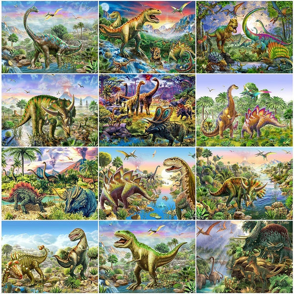Dinosaur Diamond Painting | Full Square Full Round Diamonds | Gathering Of Dinosaurs | Tricerotops Pterodactyl Velociraptor -Diamond Painting Kits, Diamond Paintings Store