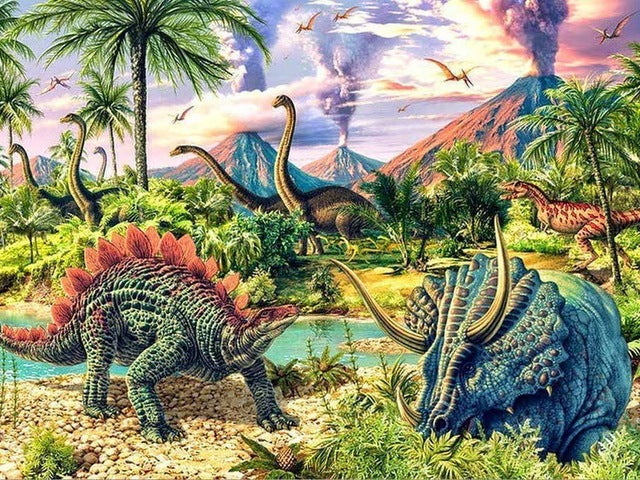 Dinosaur Diamond Painting Kit | Square/Round Drill Rhinestones | DIY Diamond Kit | Stegosaur Tricerotops Volcano -Diamond Painting Kits, Diamond Paintings Store