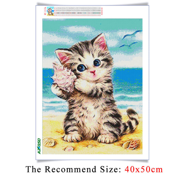 Beach Kitten With Seashell | DIY Animal Diamond Painting Kit | Full Round/Square Drill Rhinestone Embroidery | Playful Kitten Mosaic -Diamond Painting Kits, Diamond Paintings Store