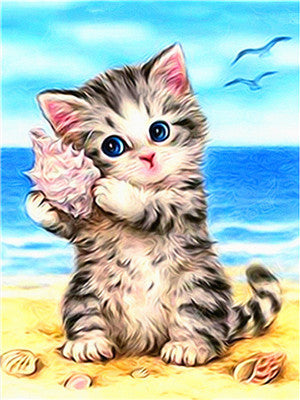 Beach Kitten With Seashell | DIY Animal Diamond Painting Kit | Full Round/Square Drill Rhinestone Embroidery | Playful Kitten Mosaic -Diamond Painting Kits, Diamond Paintings Store