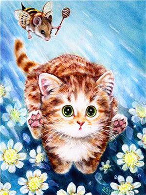 Kitty In Flower Bed | DIY Animal Diamond Painting Kit | Full Round/Square Drill Rhinestone Embroidery | Playful Kitten Mosaic -Diamond Painting Kits, Diamond Paintings Store