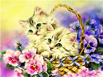 2 Kittens In A Basket | DIY Animal Diamond Painting Kit | Full Round/Square Drill Rhinestone Embroidery | Gentle Kitten Mosaic -Diamond Painting Kits, Diamond Paintings Store