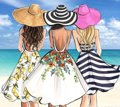3 Fancy Cartoon Women On Beach | Full Square/Round Drill 5D Diamonds | Scenic Diamond Painting Kit | Ocean View -Diamond Painting Kits, Diamond Paintings Store