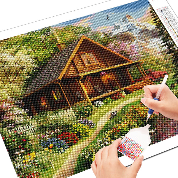 Lakeside Cabin With Chimney | Scenic Diamond Painting | DIY Diamond Kit | Full Round/Square Drill 5D Rhinestone Embroidery -Diamond Painting Kits, Diamond Paintings Store