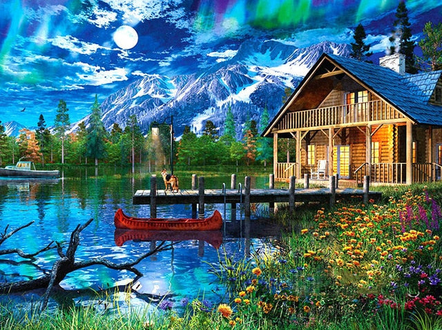 Cabin on Lake 5D Diamond Painting, Full Square Diamond Painting