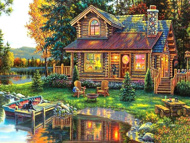 Autumn Cottage | Scenic Diamond Painting | DIY Diamond Kit | Full Round/Square Drill 5D Rhinestone Embroidery -Diamond Painting Kits, Diamond Paintings Store