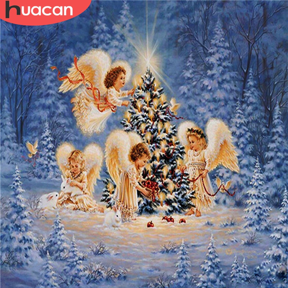 Angels Decorate Christmas Tree Religious Holiday Diamond Art - Diamond Paintings Store