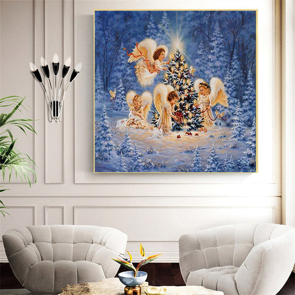 Angels Decorate Christmas Tree Religious Holiday Diamond Art - Diamond Paintings Store