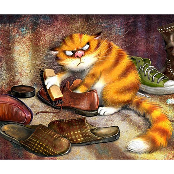 Cartoon Angry Cat Polishing Shoes | Cat Diamond Painting Kit | 5D Full Square/Round Diamond | Funny Animal Diamond Embroidery - Diamond Paintings Store