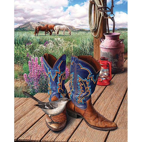 Full Square/Round Drill 5D Diamond | Scenic Pasture Diamond Painting Kit | DIY Cowboy Boots Horses Bird - Diamond Paintings Store