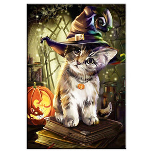 5D DIY Diamond Painting Adorable Halloween Kitten Witch With Pumpkin - Diamond Paintings Store