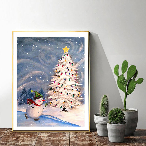 Snowman And Snowy Christmas Tree Winter Diamond Art Scene - Diamond Paintings Store